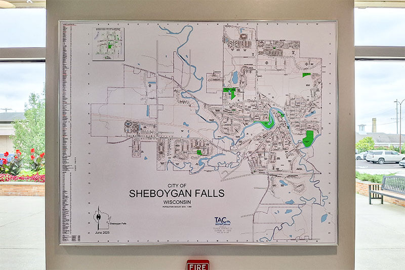 municipal-wall-map-sheboygan-falls-cedar-creek-civil-wisconsin Municipal wall map of Sheboygan Falls, Wisconsin designed and printed by Cedar Creek Civil, Oostburg